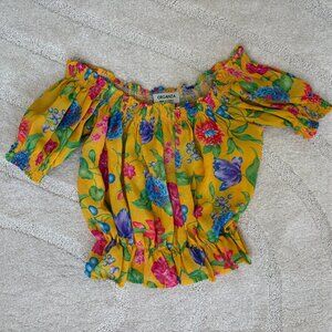 Yellow floral gathered waist of the shoulder top